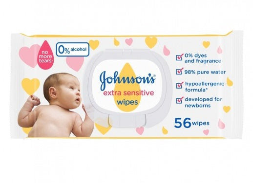 مناديل جونسون للأطفال الحساسة للغاية بدون عطر، 56 منديل